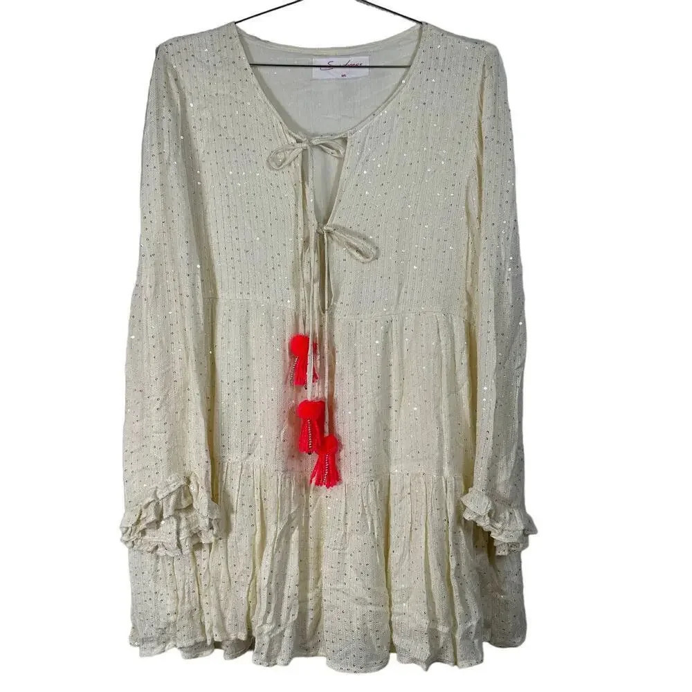 Revolve Sundress Cream Sequined Tunic Mini Dress‎ Cover Up M/L - Picture 2 of 10